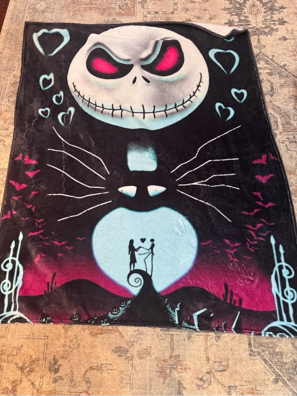 Nightmare Before Christmas Black Plush Throw with Pink and Light Blue